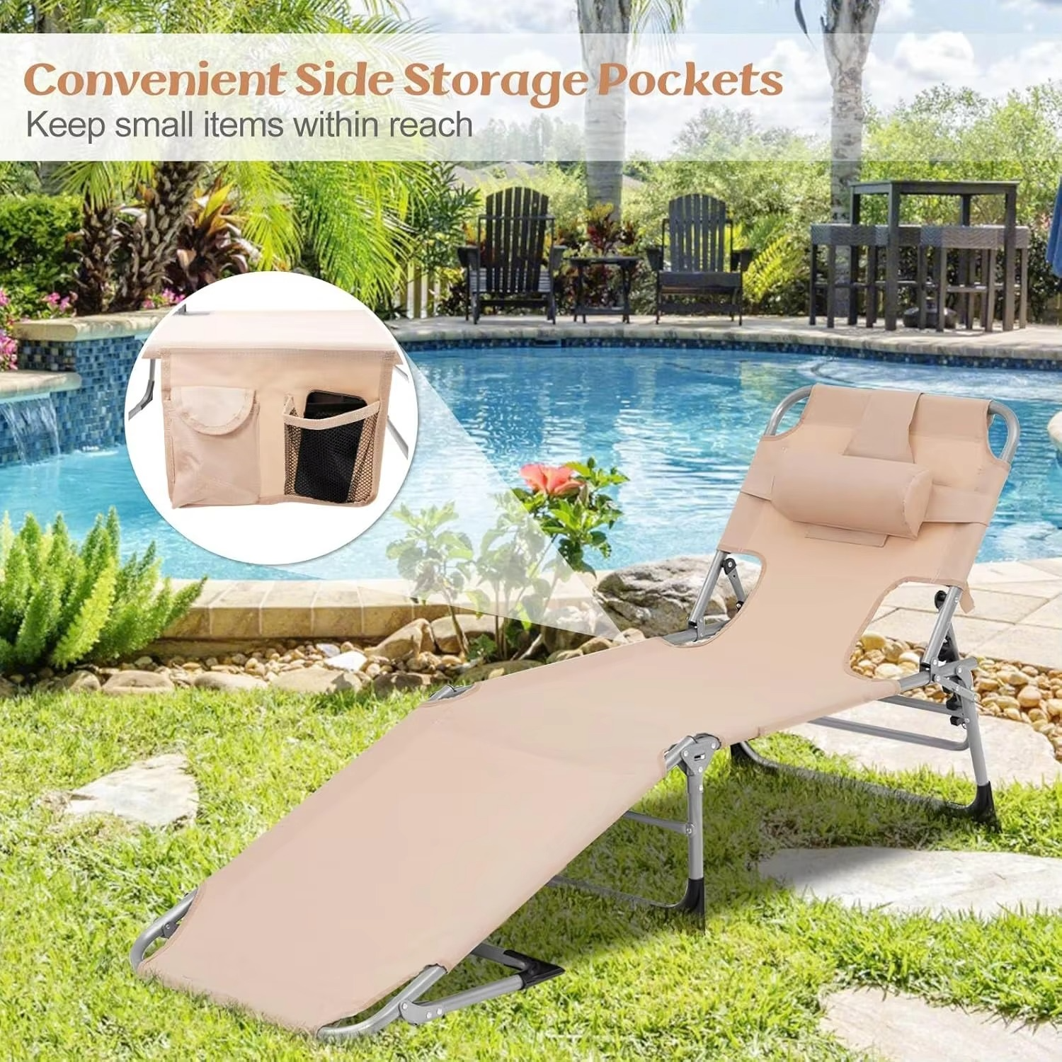 Beach Chaise Lounge Chair, Patio Folding Reclining Chair, Portable & Lightweight Camping Bed or Cot w/ 5 Adjustable Positions, D