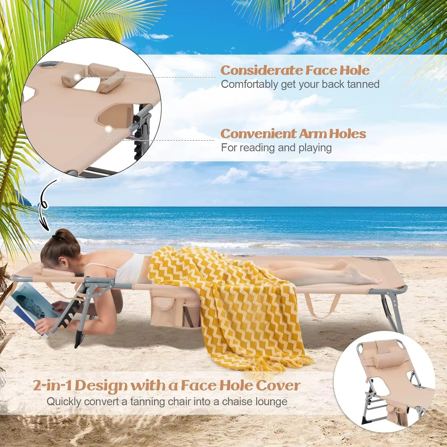 Beach Chaise Lounge Chair, Patio Folding Reclining Chair, Portable & Lightweight Camping Bed or Cot w/ 5 Adjustable Positions, D
