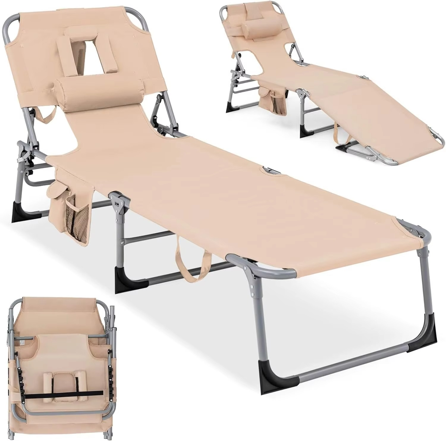 Beach Chaise Lounge Chair, Patio Folding Reclining Chair, Portable & Lightweight Camping Bed or Cot w/ 5 Adjustable Positions, D