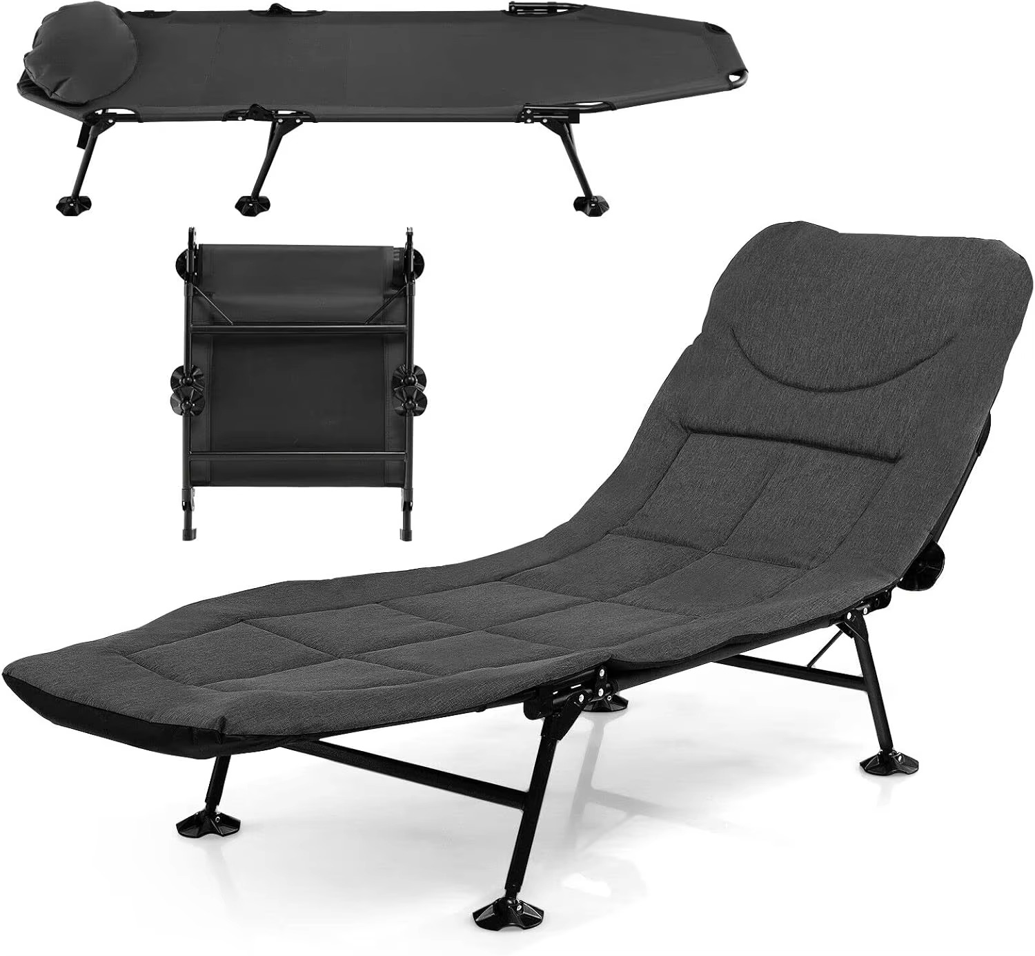 Folding Camping Cot W/Detachable Mattress, 6-Position Adjustable Backrest, 360° Swivel Foot Cover, Portable & Lightweight Campin