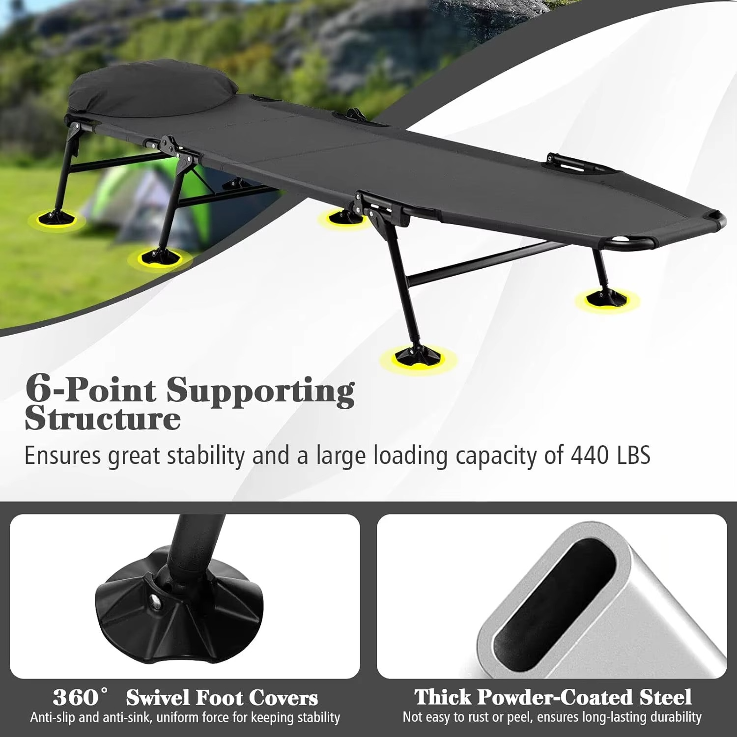 Folding Camping Cot W/Detachable Mattress, 6-Position Adjustable Backrest, 360° Swivel Foot Cover, Portable & Lightweight Campin
