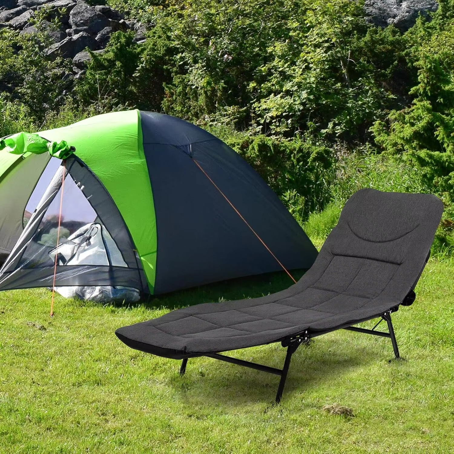 Folding Camping Cot W/Detachable Mattress, 6-Position Adjustable Backrest, 360° Swivel Foot Cover, Portable & Lightweight Campin