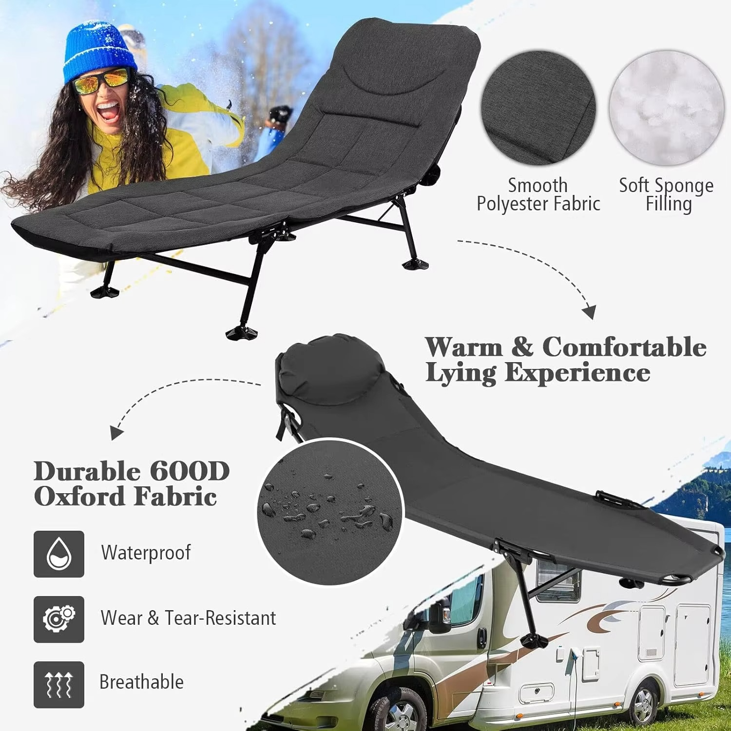 Folding Camping Cot W/Detachable Mattress, 6-Position Adjustable Backrest, 360° Swivel Foot Cover, Portable & Lightweight Campin