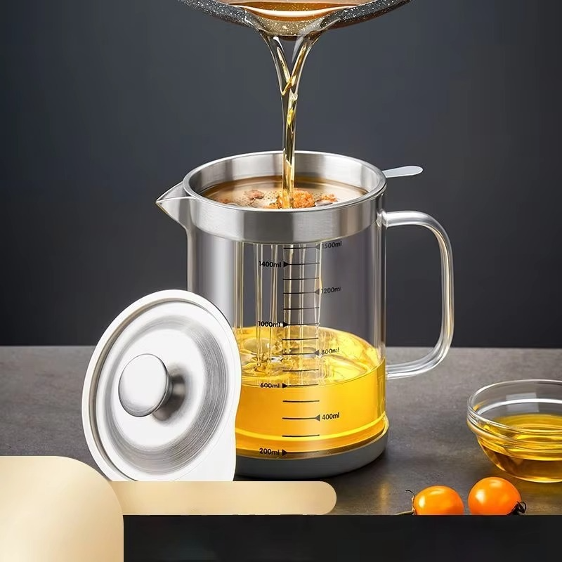 GIANXI Glass Oil Filter Kitchen Seasoning Tank Oil Tank Impurity Separator Fine Mesh Oil Filter Container Cooking Tools