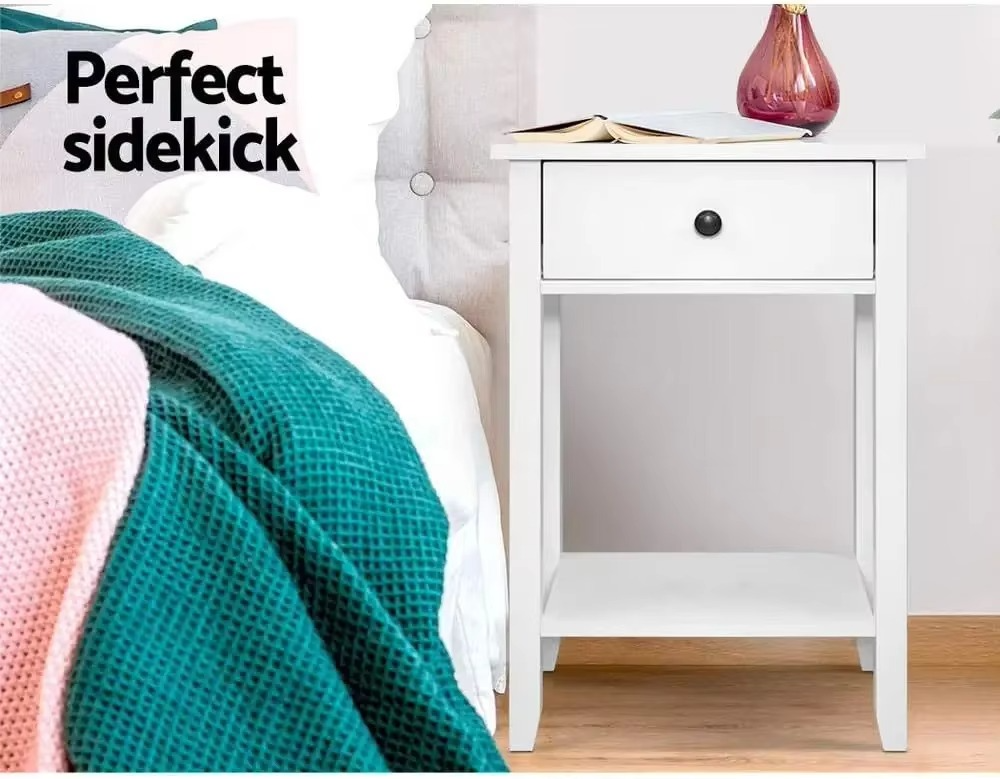 Artiss Bedside Table White MDF Bed Side Tables Storage Small Narrow Desk Chest of Drawers, with Drawer and Shelf, Bedroom Living