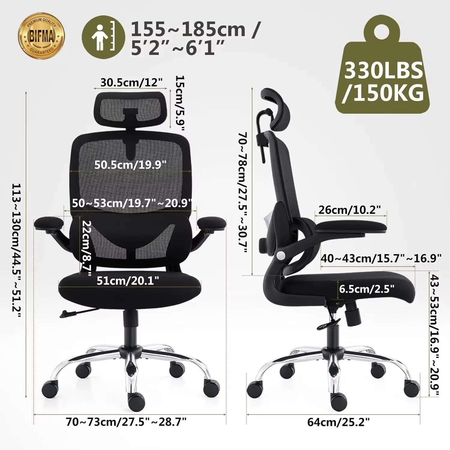 TONFARY Ergonomic Home Office Chair, High Back Mesh Desk Chair with Adjustable Lumbar Support, Flip-up Armrest, Removable Headre