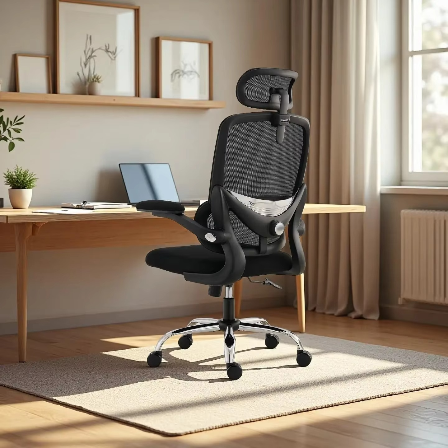 TONFARY Ergonomic Home Office Chair, High Back Mesh Desk Chair with Adjustable Lumbar Support, Flip-up Armrest, Removable Headre