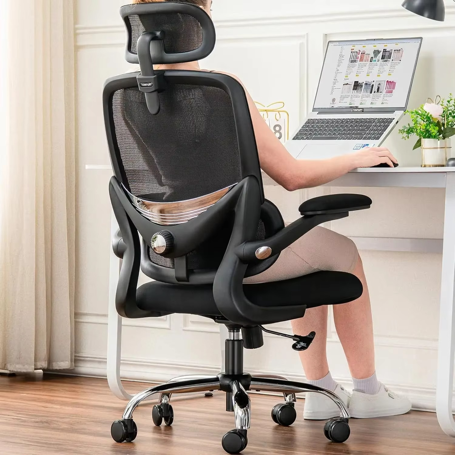 TONFARY Ergonomic Home Office Chair, High Back Mesh Desk Chair with Adjustable Lumbar Support, Flip-up Armrest, Removable Headre