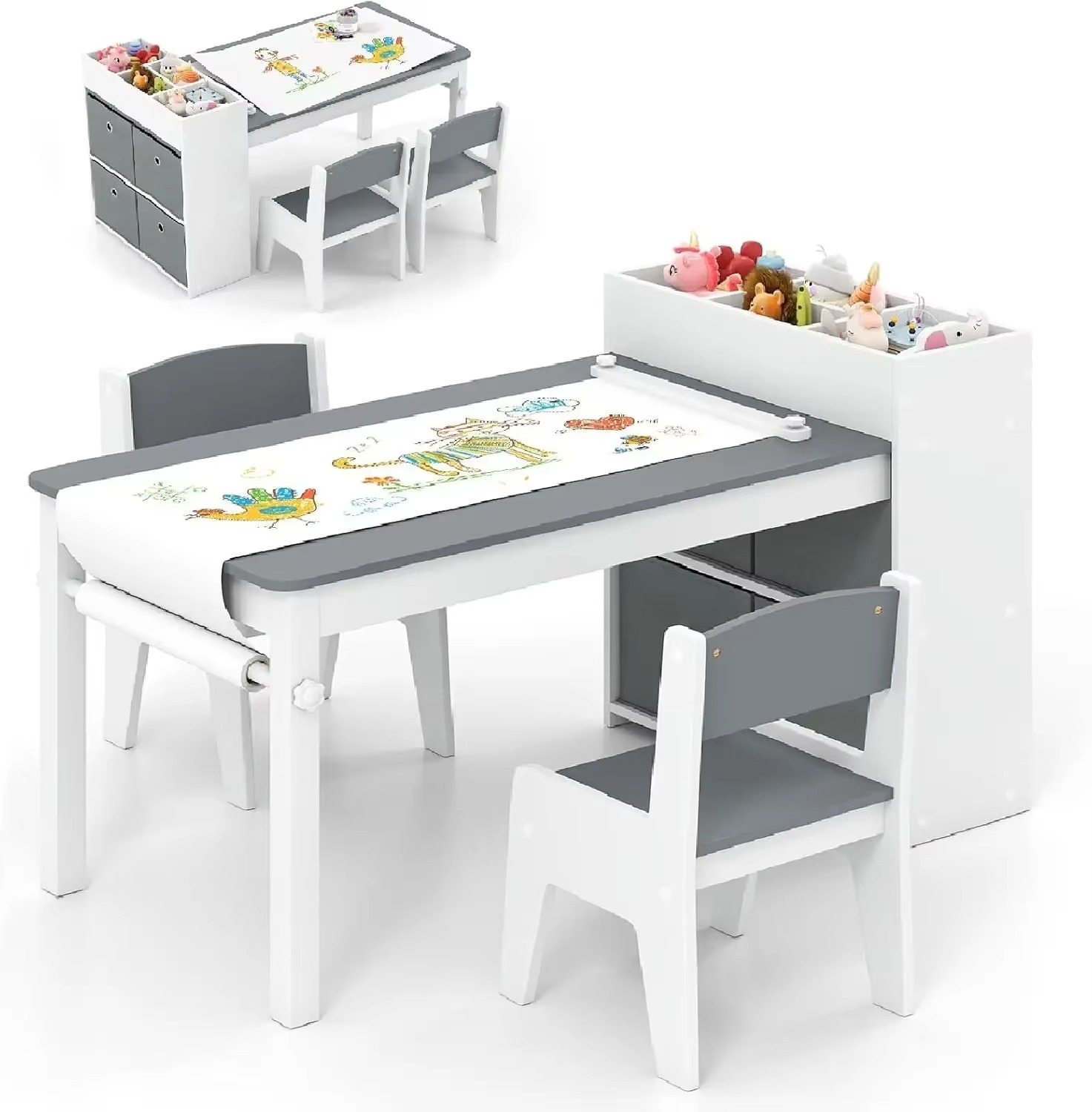 INFANS Kids Table and Chair Set, Toddler Art Craft Play Wood Activity Desk with 2 Chairs 4 Storage Canvas Bins Paper Roll for Wr