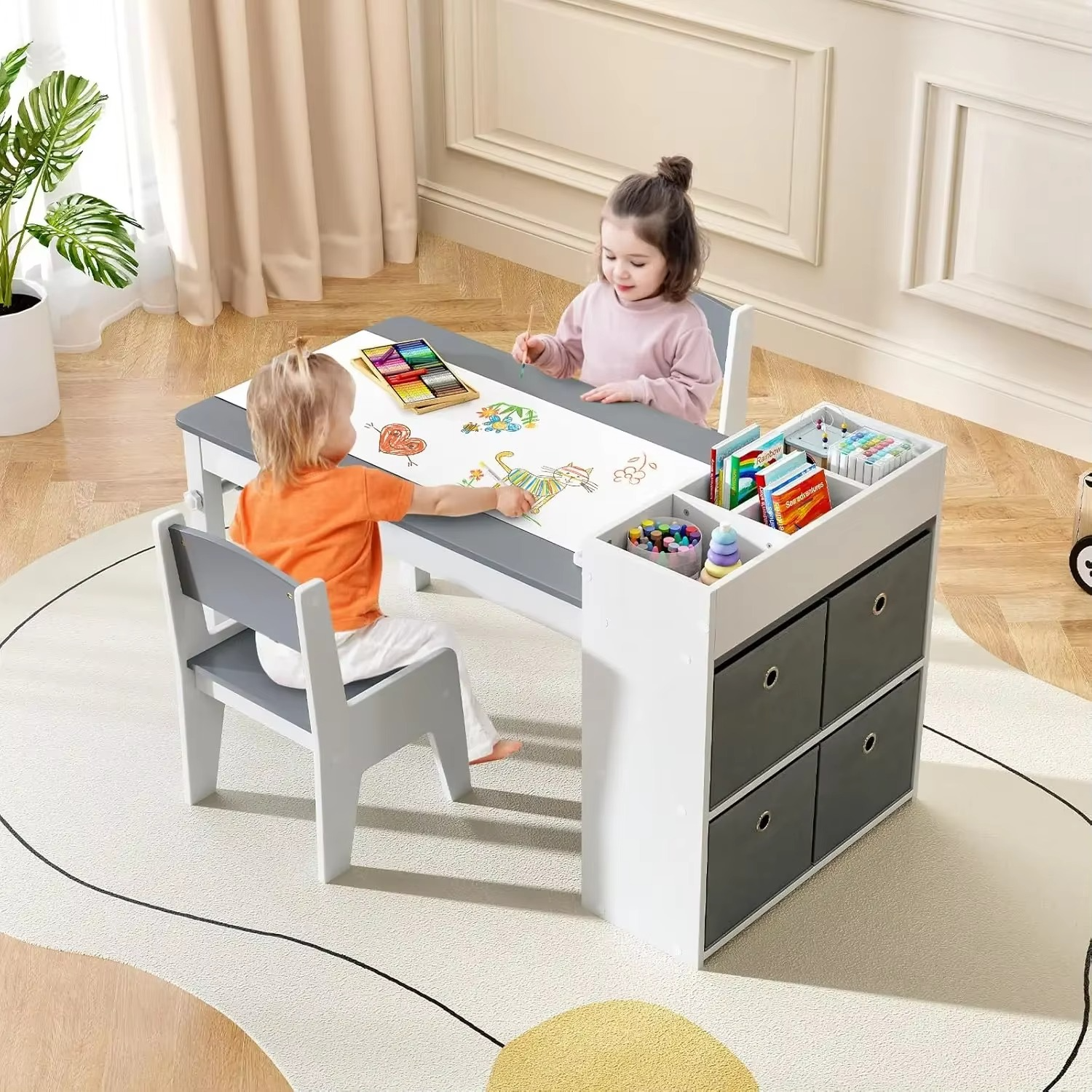 INFANS Kids Table and Chair Set, Toddler Art Craft Play Wood Activity Desk with 2 Chairs 4 Storage Canvas Bins Paper Roll for Wr