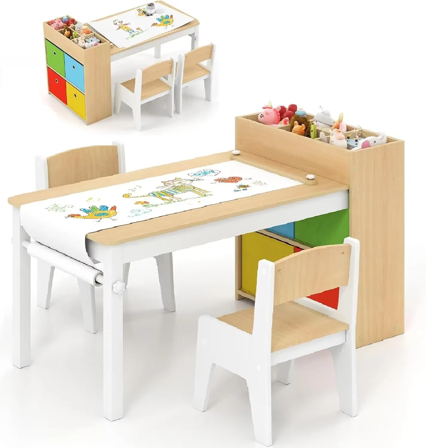 INFANS Kids Table and Chair Set, Toddler Art Craft Play Wood Activity Desk with 2 Chairs 4 Storage Canvas Bins Paper Roll for Wr