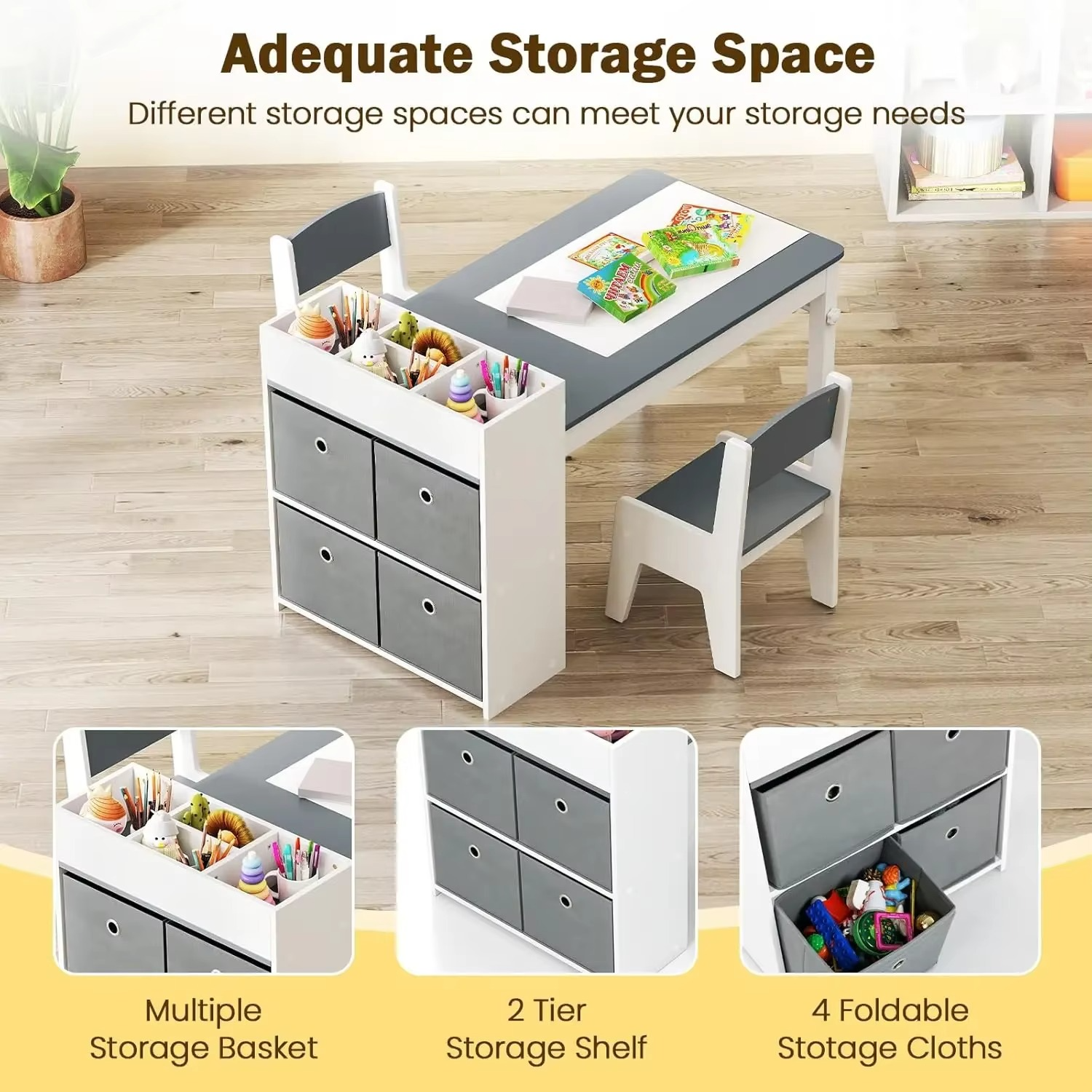 INFANS Kids Table and Chair Set, Toddler Art Craft Play Wood Activity Desk with 2 Chairs 4 Storage Canvas Bins Paper Roll for Wr