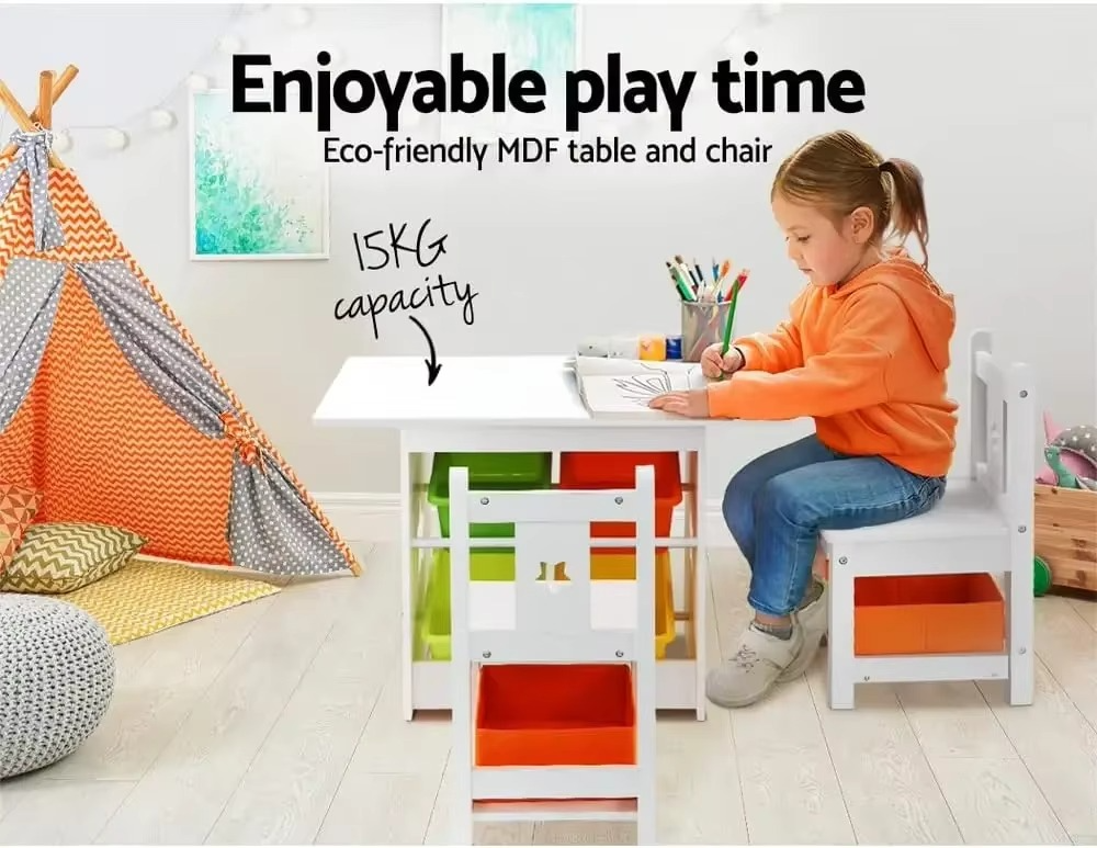 Keezi Kids Table and Chairs with Storage Box, Children Study Chair Desks Dining Tables Drawing Eating Painting Learning Activity