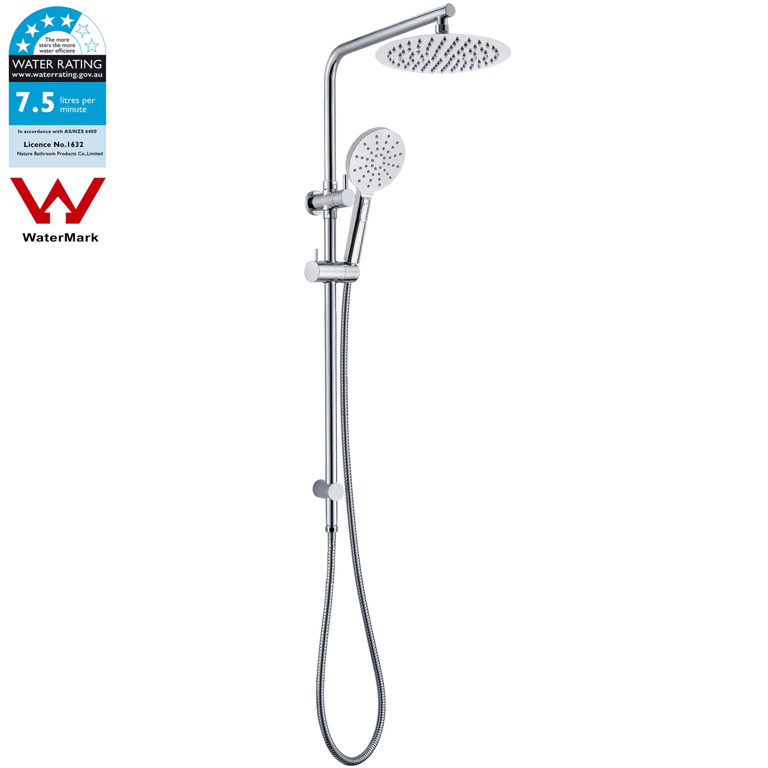 **Sydney Stock** KYLINS 7.5L/M Twin Rain Shower Head Hand Held Sliding Rail Wall Arm 2 In 1 Set Round Chrome WATERMARK WELS