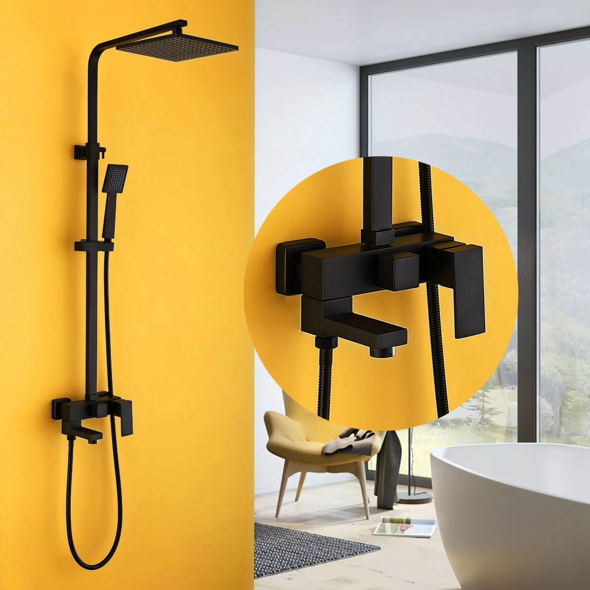 Vintage Square Solid Brass Black Bronze Rain Shower Faucet Set Wall Mount Antique Brass Dual Control Mixer Tap