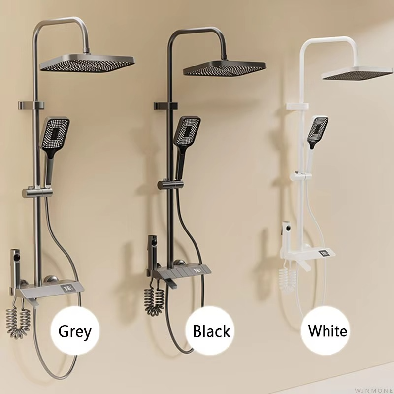 Modern Grey Wall Mounted Square Shower Set LED Display Bathroom Taps Brass Kits Rain Rainfall Shower Set Mixer Faucet Shower