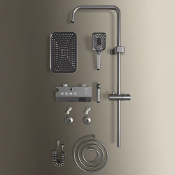 Modern Grey Wall Mounted Square Shower Set LED Display Bathroom Taps Brass Kits Rain Rainfall Shower Set Mixer Faucet Shower