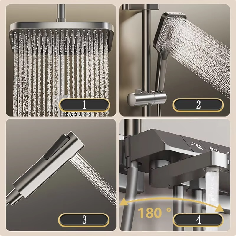 Modern Grey Wall Mounted Square Shower Set LED Display Bathroom Taps Brass Kits Rain Rainfall Shower Set Mixer Faucet Shower