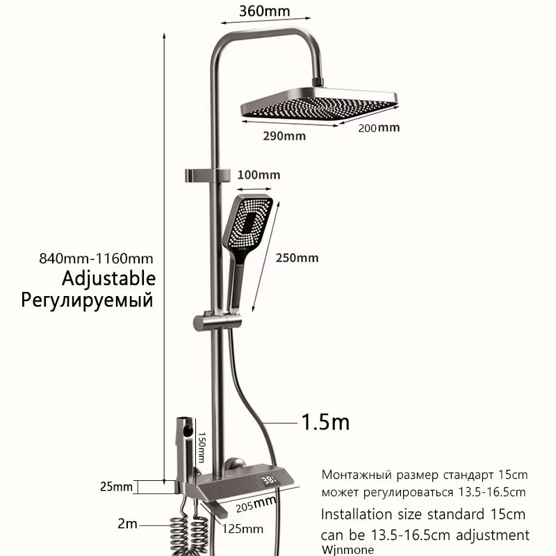 Modern Grey Wall Mounted Square Shower Set LED Display Bathroom Taps Brass Kits Rain Rainfall Shower Set Mixer Faucet Shower