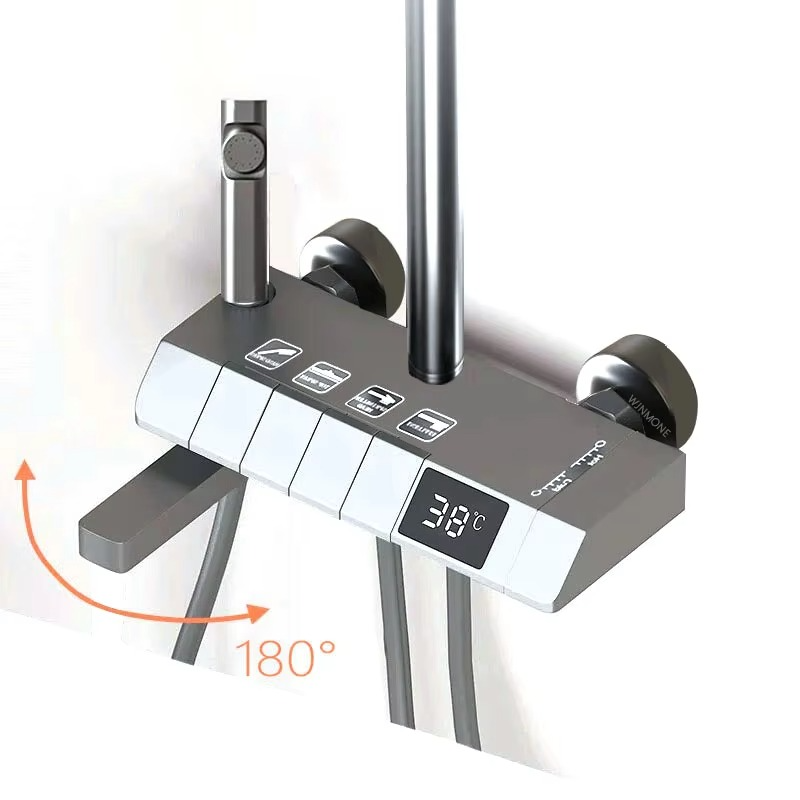 Modern Grey Wall Mounted Square Shower Set LED Display Bathroom Taps Brass Kits Rain Rainfall Shower Set Mixer Faucet Shower