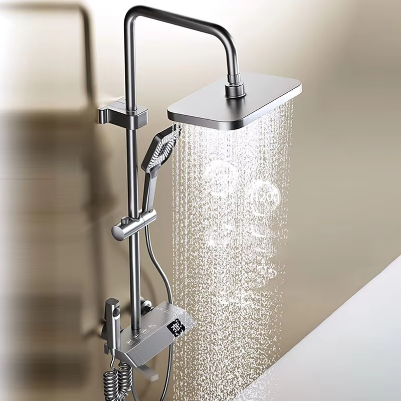 Modern Grey Wall Mounted Square Shower Set LED Display Bathroom Taps Brass Kits Rain Rainfall Shower Set Mixer Faucet Shower