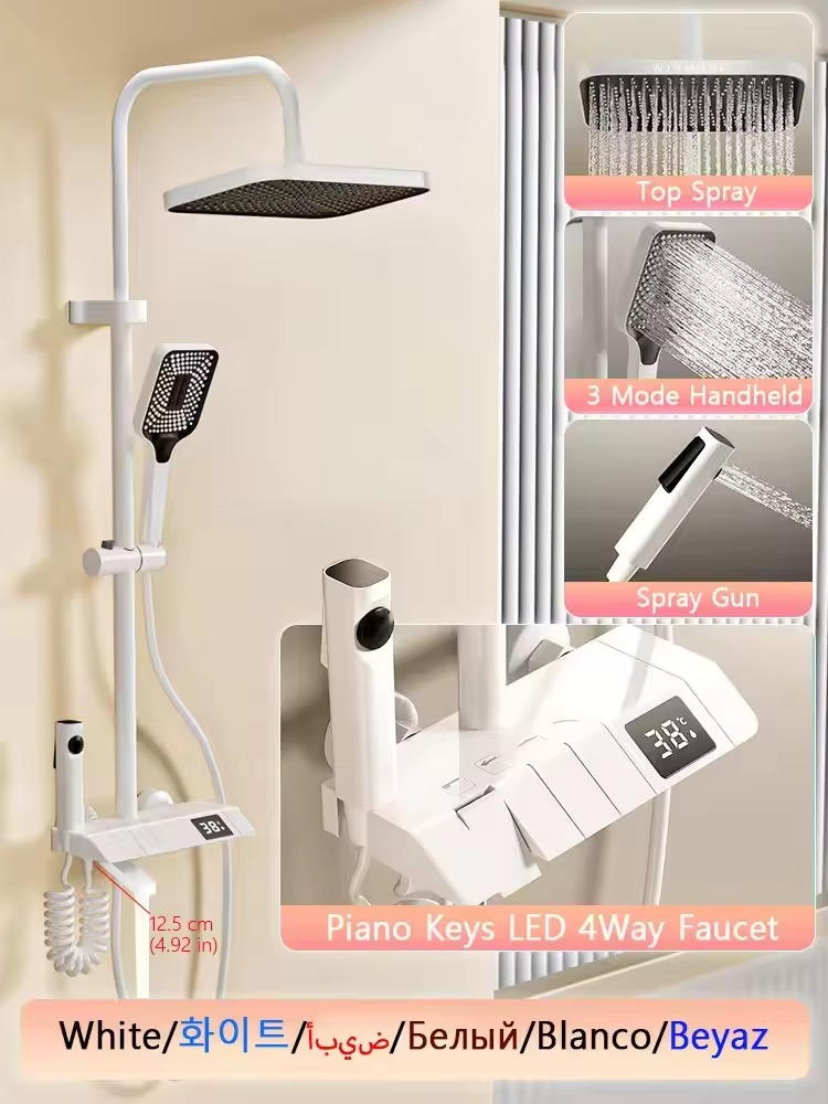Modern Grey Wall Mounted Square Shower Set LED Display Bathroom Taps Brass Kits Rain Rainfall Shower Set Mixer Faucet Shower