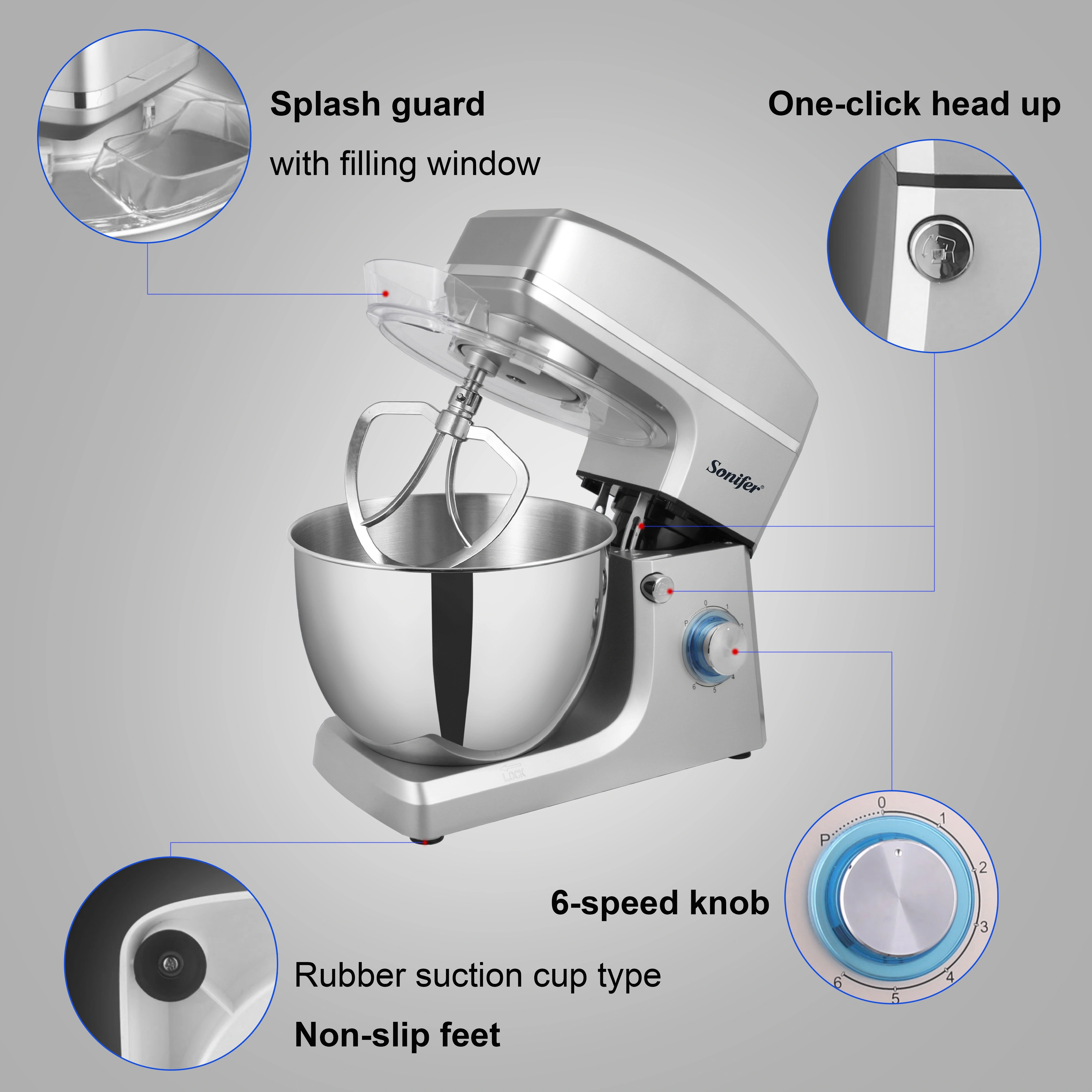 Sonifer 8L Stand Mixer Kitchen Aid Food Blender Cream Whisk Cake Dough Mixers With Bowl Stainless Steel Chef Machine Charm