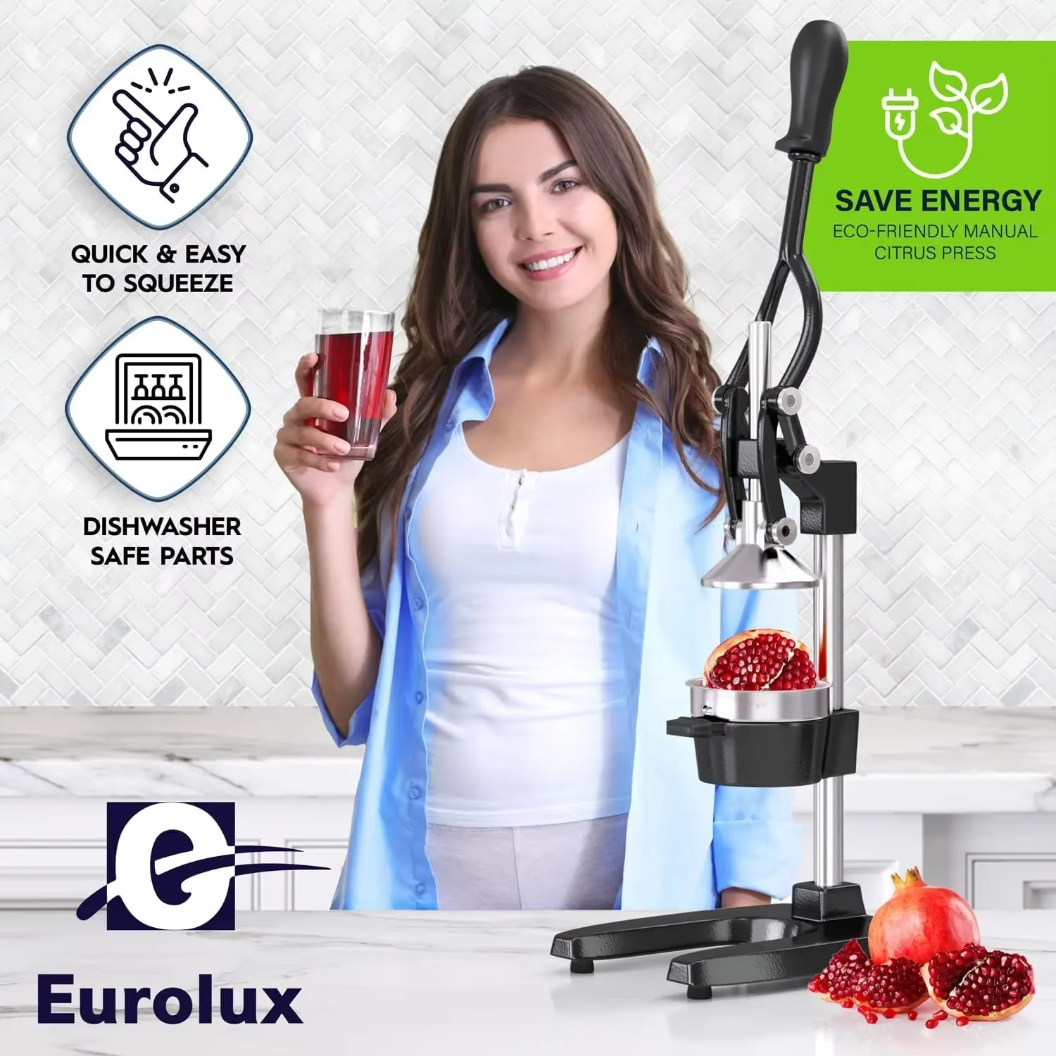 Eurolux Cast Iron Citrus Juicer | Commercial Grade Manual Hand Press | Countertop Squeezer for Fresh Fruit Juice (Bonus Stainles