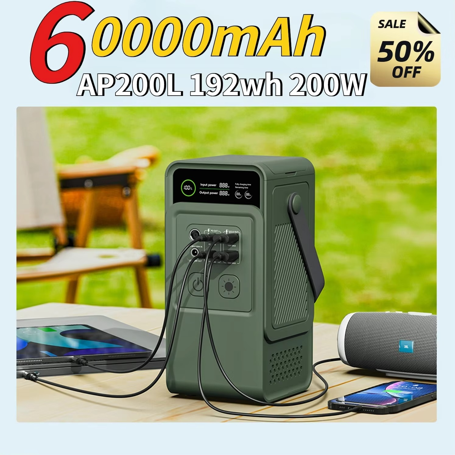 60000mAh 200W 192Wh Camping Power Station Power Bank LiFePo4 Portable Charger Battery Outdoor Solar Generator USB Port Supply