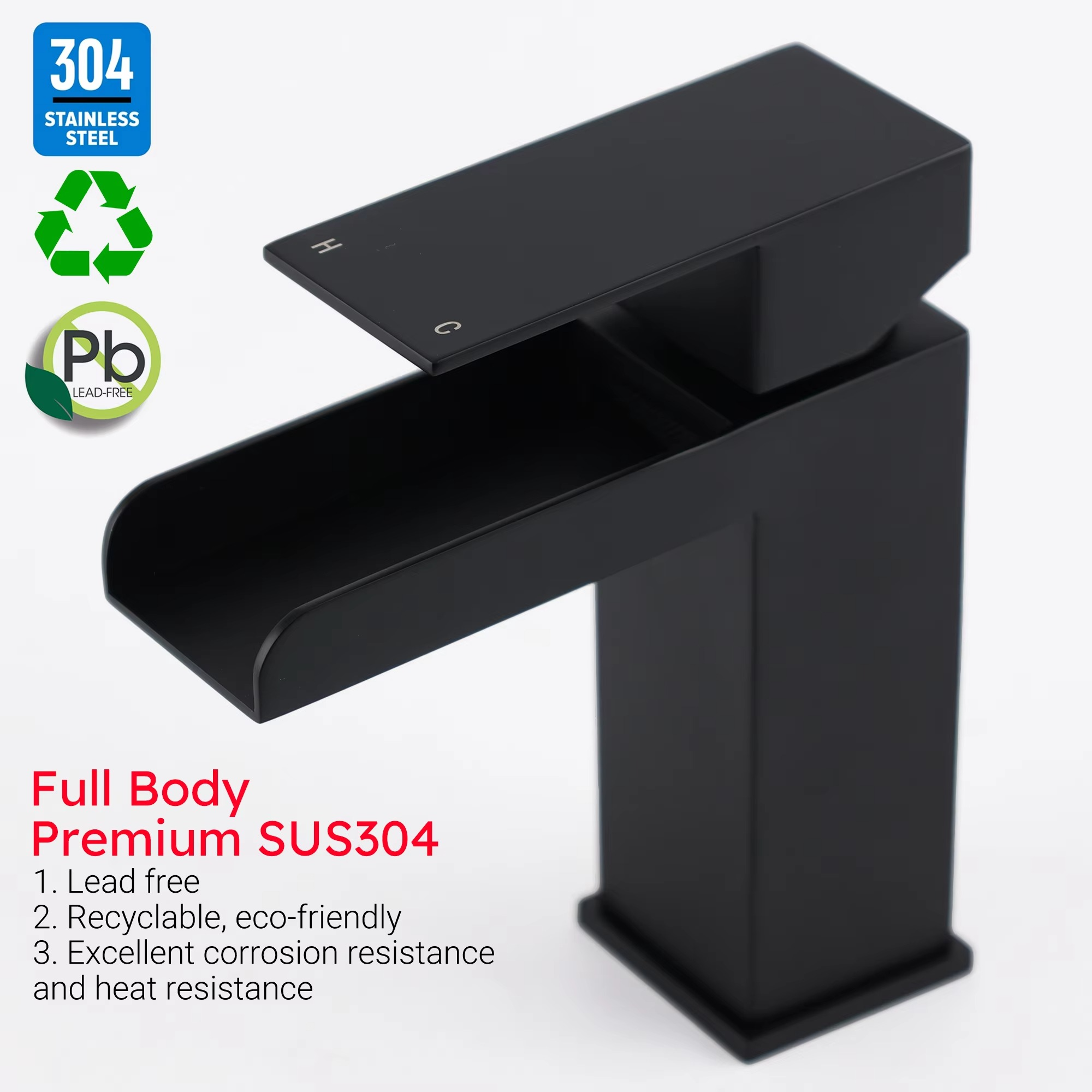 KYLINS Bathroom Waterfall Basin Sink Faucet Black Bath Faucet Hot Cold Water Mixer Vanity Tap Deck Mounted Washbasin Stainless