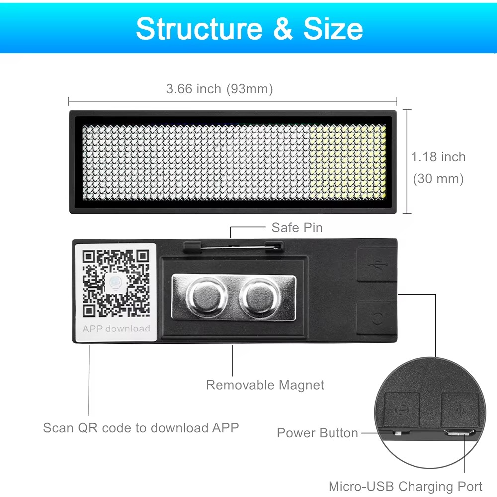 LED Name Badge Multi-color LED Display DIY Programmable Scrolling Message Light Board Mobile Control Text Message Light Board
