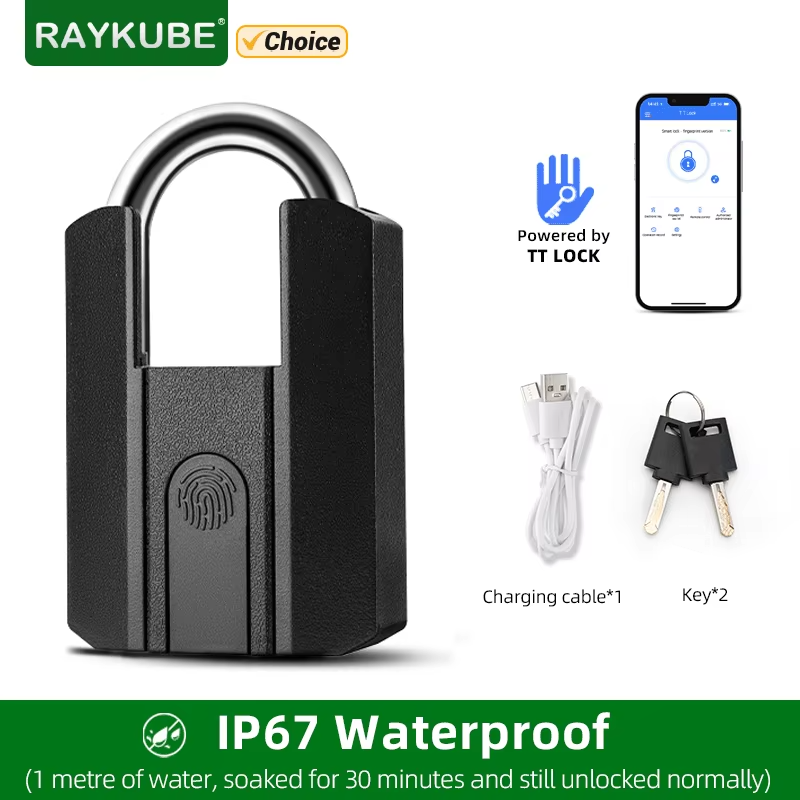RAYKUBE IP67 Waterproof TT Lock Electronic Lock Digital Fingerprint Padlock with Built-in rechargeable Battery APP key Unlock
