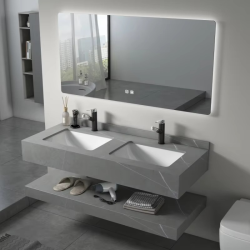 Luxury Marble Basin Floating Bathroom Vanity Cabinet Smart LED Mirror Wash Basin Sintered Sinks Home Hotel Use