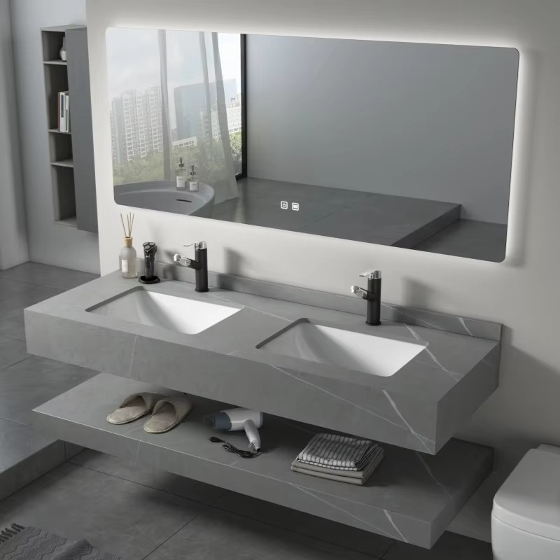 Luxury Marble Basin Floating Bathroom Vanity Cabinet Smart LED Mirror Wash Basin Sintered Sinks Home Hotel Use