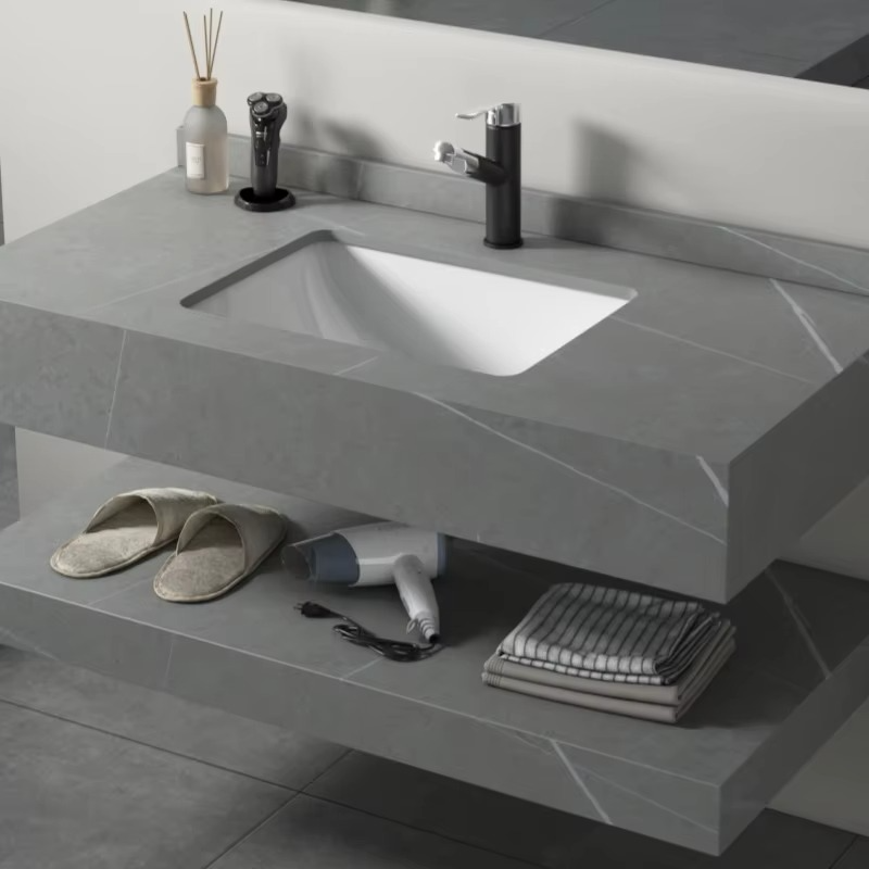 Luxury Marble Basin Floating Bathroom Vanity Cabinet Smart LED Mirror Wash Basin Sintered Sinks Home Hotel Use