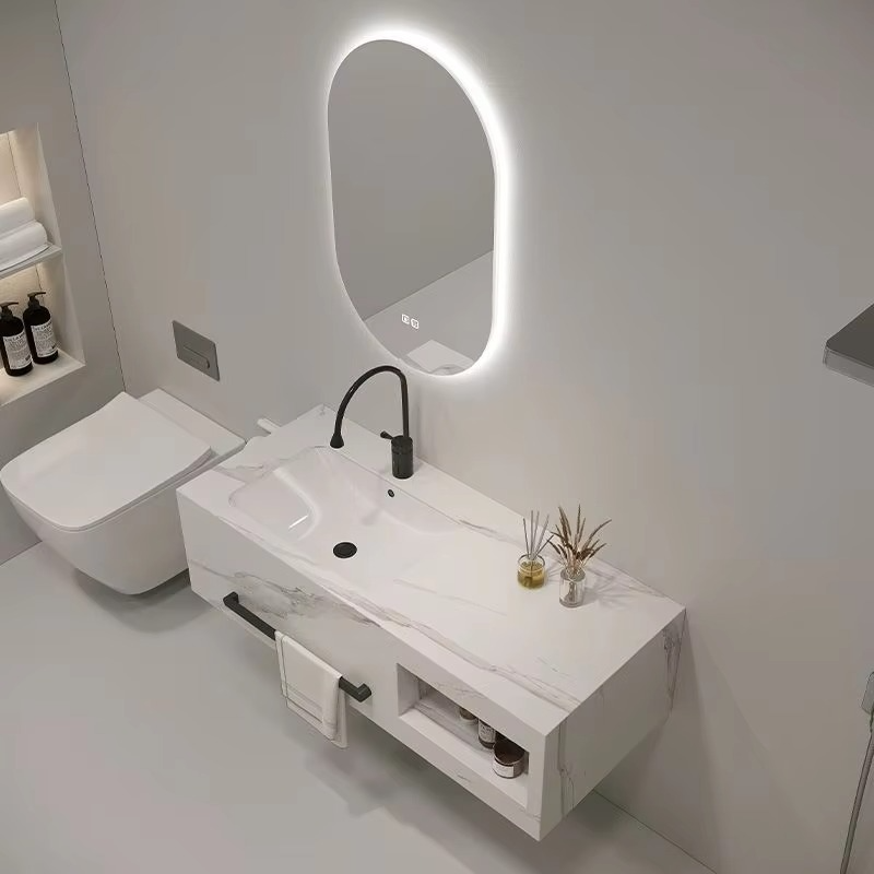 High Quality Wall Mounted Sintered Marble Waterproof Bathroom Sink Wash Basins with Mirror and Cabinets Vanity