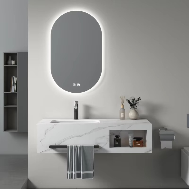 High Quality Wall Mounted Sintered Marble Waterproof Bathroom Sink Wash Basins with Mirror and Cabinets Vanity