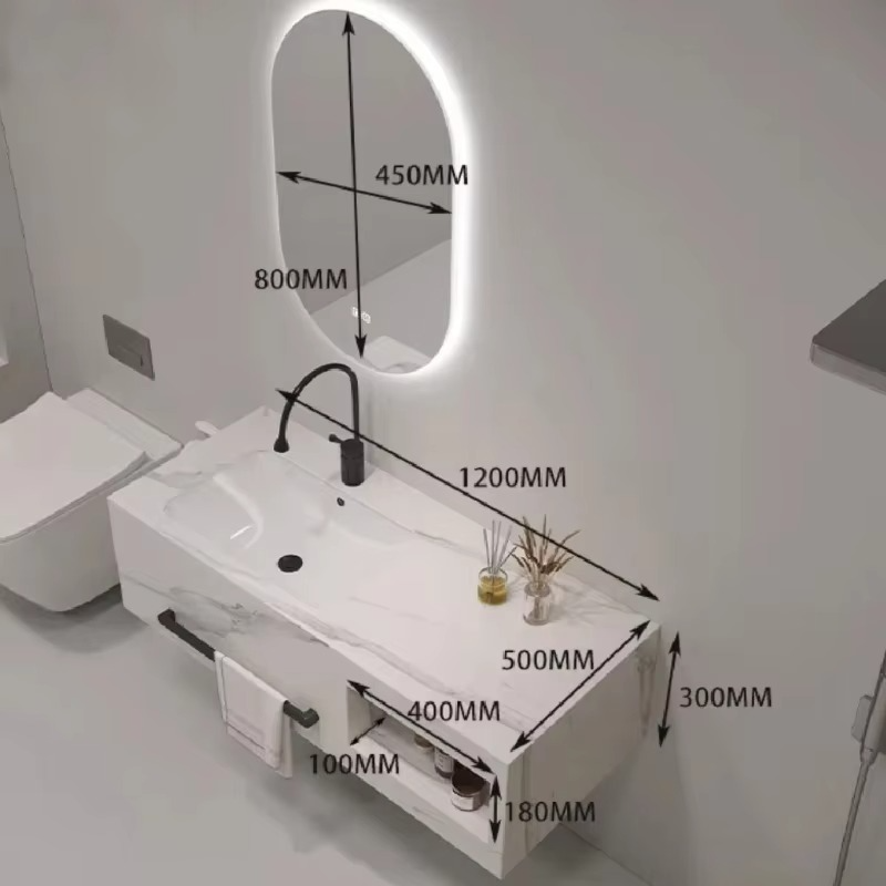High Quality Wall Mounted Sintered Marble Waterproof Bathroom Sink Wash Basins with Mirror and Cabinets Vanity