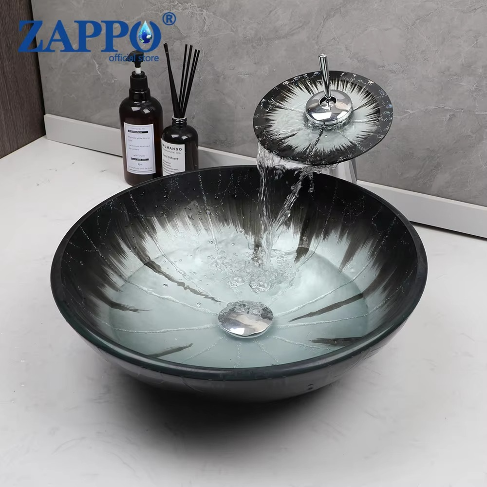 ZAPPO Bathroom Sink Tempered Glass Washbasin Chrome Round Basin Faucet Combo Above Counter Vessel Sinks Bowl for Bathrooms