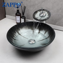 ZAPPO Bathroom Sink Tempered Glass Washbasin Chrome Round Basin Faucet Combo Above Counter Vessel Sinks Bowl for Bathrooms