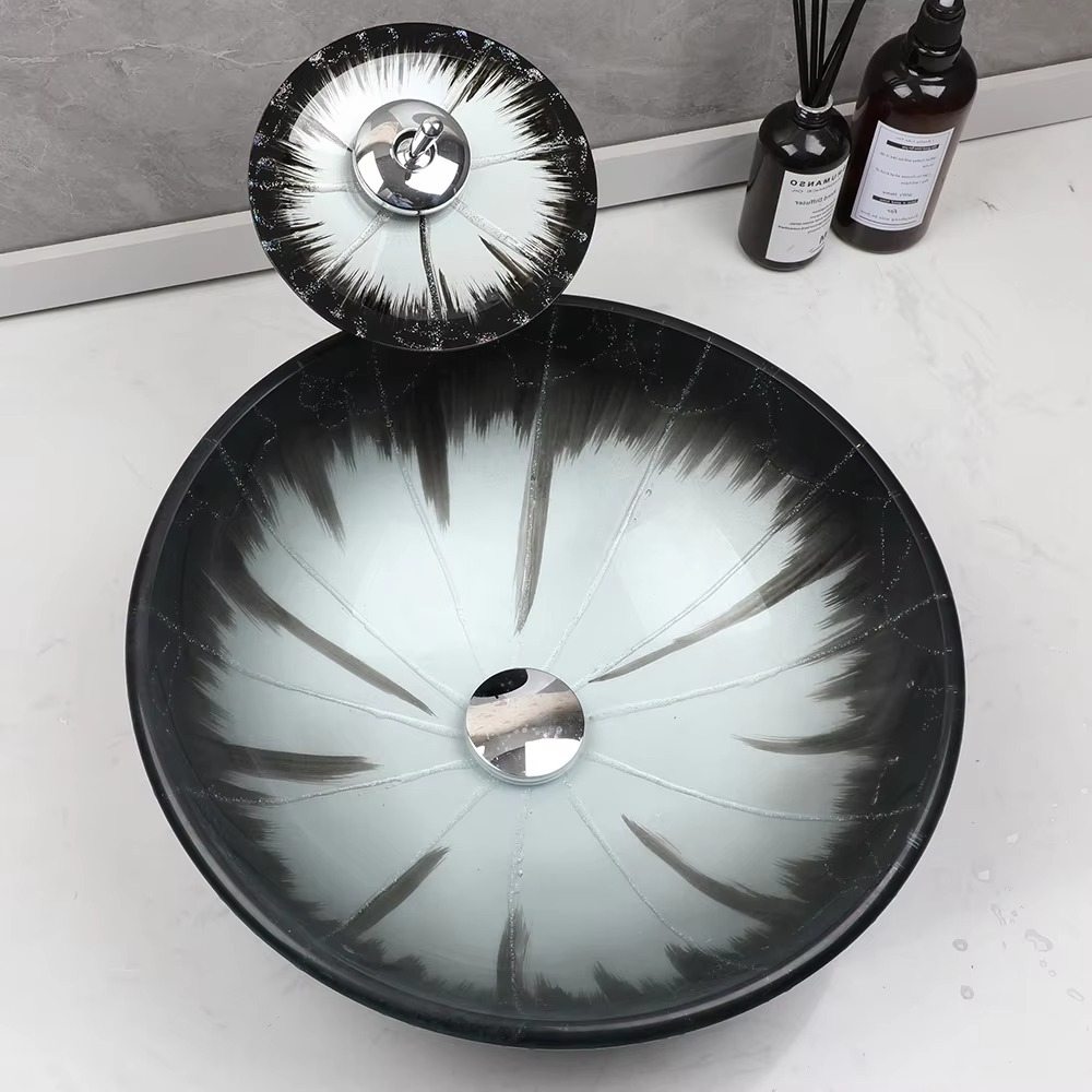 ZAPPO Bathroom Sink Tempered Glass Washbasin Chrome Round Basin Faucet Combo Above Counter Vessel Sinks Bowl for Bathrooms