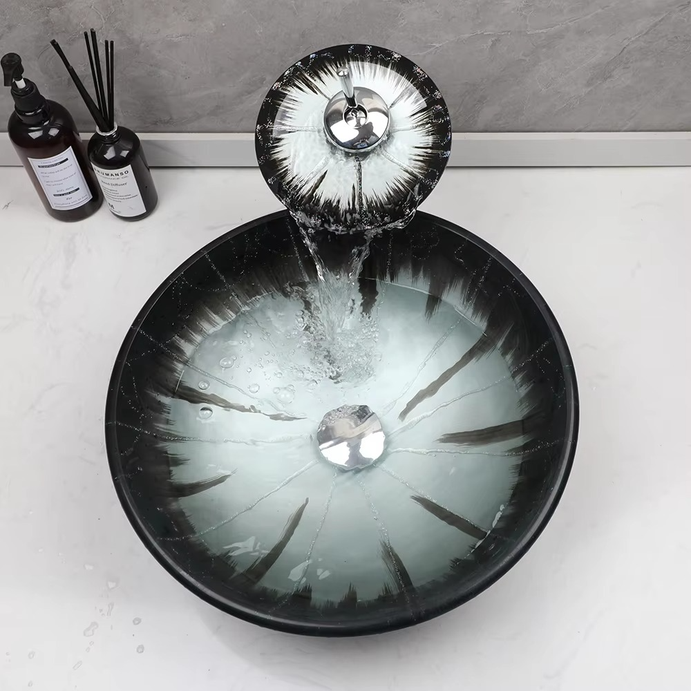 ZAPPO Bathroom Sink Tempered Glass Washbasin Chrome Round Basin Faucet Combo Above Counter Vessel Sinks Bowl for Bathrooms