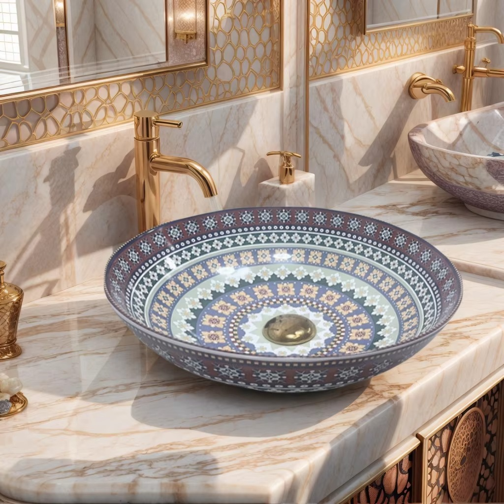 Ceramic round sink art basin, Middle Eastern element striped artistic style wash basin countertop basin