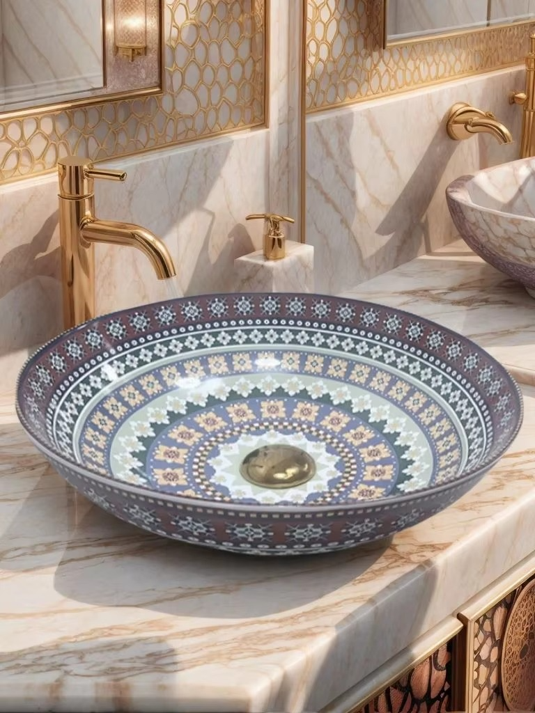 Ceramic round sink art basin, Middle Eastern element striped artistic style wash basin countertop basin