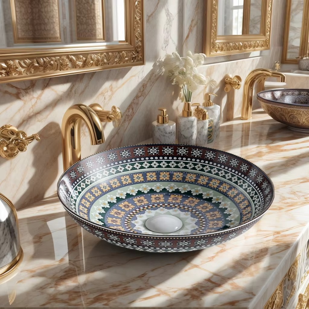 Ceramic round sink art basin, Middle Eastern element striped artistic style wash basin countertop basin