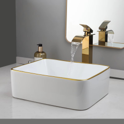 KEMAIDI Modern Gold Edge Square White Ceramic Bathroom Vessel Sink Faucet Tap Set Ceramic Basin Wash Basin Bathroom Sink Counter