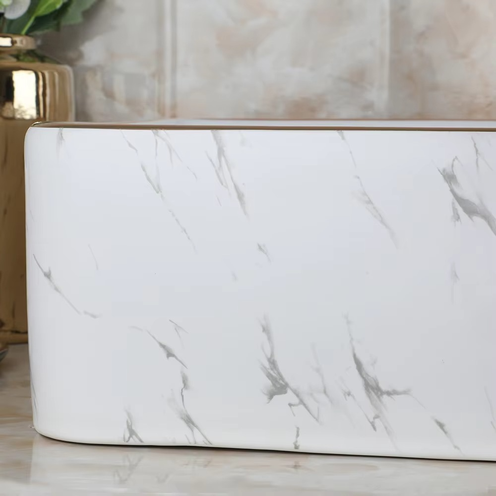 KEMAIDI Modern Gold Edge Square White Ceramic Bathroom Vessel Sink Faucet Tap Set Ceramic Basin Wash Basin Bathroom Sink Counter