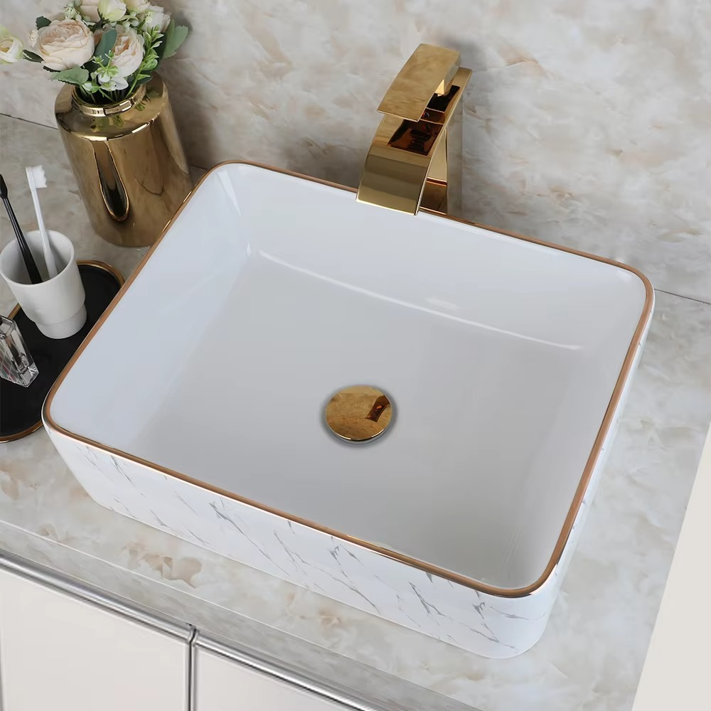 KEMAIDI Modern Gold Edge Square White Ceramic Bathroom Vessel Sink Faucet Tap Set Ceramic Basin Wash Basin Bathroom Sink Counter