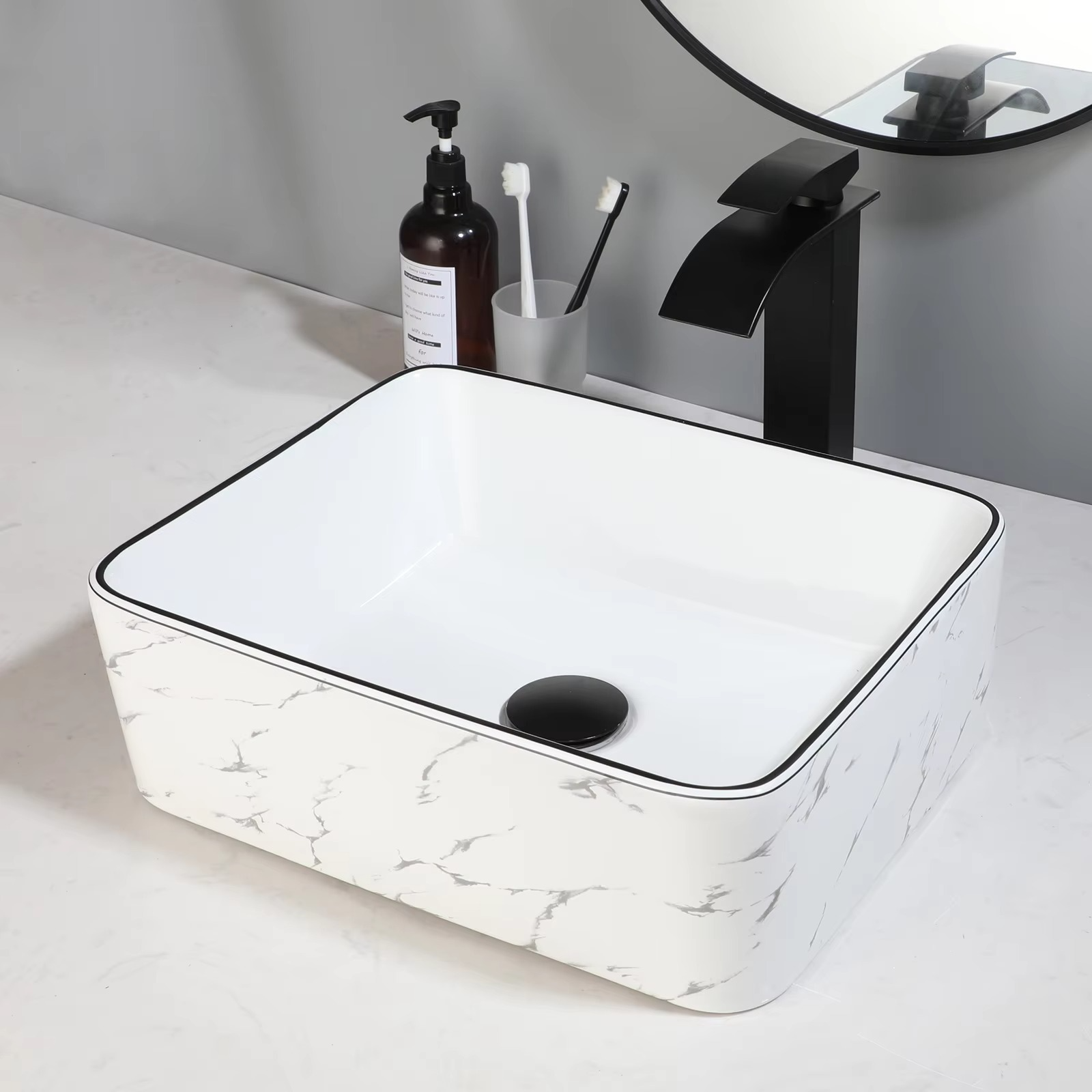 KEMAIDI Modern Gold Edge Square White Ceramic Bathroom Vessel Sink Faucet Tap Set Ceramic Basin Wash Basin Bathroom Sink Counter