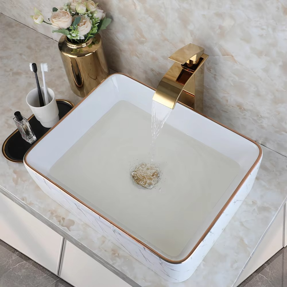 KEMAIDI Modern Gold Edge Square White Ceramic Bathroom Vessel Sink Faucet Tap Set Ceramic Basin Wash Basin Bathroom Sink Counter